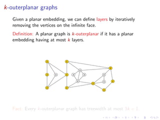 k-outerplanar graphs
Given a planar embedding, we can deﬁne layers by iteratively
removing the vertices on the inﬁnite face.
Deﬁnition: A planar graph is k-outerplanar if it has a planar
embedding having at most k layers.

2

2

2
3
2

3

2

3

3

3

3

3

2

2
2

2
2

Fact: Every k-outerplanar graph has treewidth at most 3k + 1.

 