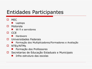 Entidades Participantes MEC Laptops Motorola Wi fi e servidores CCE Hardware Universidades Federais Formação dos Multiplicadores/Formadores e Avaliação NTEs/NTMs Formação dos Professores Secretarias de Educação Estaduais e Municipais Infra estrutura das escolas 