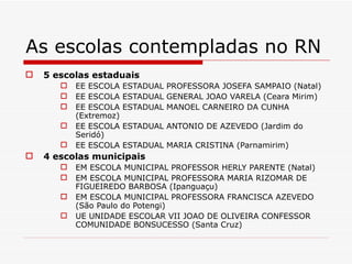 As escolas contempladas no RN 5 escolas estaduais EE ESCOLA ESTADUAL PROFESSORA JOSEFA SAMPAIO (Natal) EE ESCOLA ESTADUAL GENERAL JOAO VARELA (Ceara Mirim) EE ESCOLA ESTADUAL MANOEL CARNEIRO DA CUNHA (Extremoz) EE ESCOLA ESTADUAL ANTONIO DE AZEVEDO (Jardim do Seridó) EE ESCOLA ESTADUAL MARIA CRISTINA (Parnamirim) 4 escolas municipais EM ESCOLA MUNICIPAL PROFESSOR HERLY PARENTE (Natal) EM ESCOLA MUNICIPAL PROFESSORA MARIA RIZOMAR DE FIGUEIREDO BARBOSA (Ipanguaçu) EM ESCOLA MUNICIPAL PROFESSORA FRANCISCA AZEVEDO (São Paulo do Potengi) UE UNIDADE ESCOLAR VII JOAO DE OLIVEIRA CONFESSOR COMUNIDADE BONSUCESSO (Santa Cruz) 