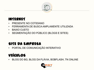 INTERNET
•   PRESENTE NO COTIDIANO
•   FERRAMENTA DE BUSCA AMPLAMENTE UTILIZADA
•   BAIXO CUSTO
•   SEGMENTAÇÃO DO PÚBLICO (BLOGS E SITES)



SITE DA EMPRESA
•   PORTAL DE COMUNICAÇÃO INTERATIVO


VEÍCULOS
•   BLOG DO BG, BLOG DA FLÁVIA, BOBFLASH, TN ONLINE
 