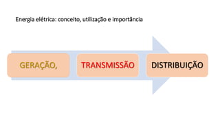 GERAÇÃO, TRANSMISSÃO DISTRIBUIÇÃO
Energia elétrica: conceito, utilização e importância
 