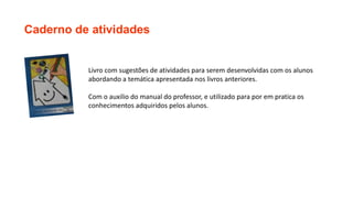 Caderno de atividades
Livro com sugestões de atividades para serem desenvolvidas com os alunos
abordando a temática apresentada nos livros anteriores.
Com o auxilio do manual do professor, e utilizado para por em pratica os
conhecimentos adquiridos pelos alunos.
 