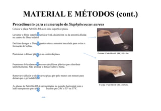 MATERIAL E MÉTODOS (cont.)
Procedimento para enumeração de Staphylococcus aureus
Colocar a placa Petrifilm RSA em uma superfície plana.
Levantar o filme superior e colocar 1mL da amostra ou da amostra diluída
no centro do filme inferior
Deslizar devagar o filme superior sobre a amostra inoculada para evitar a
formação de bolhas.
Posicionar o difusor plástico no centro da placa
Pressionar delicadamente o centro do difusor plástico para distribuir
uniformemente. Não arrastar o difusor sobre o filme.
Remover o difusor e não tocar na placa por pelo menos um minuto para
deixar que o gel solidifique.
As placas de Petrifilm RSA são incubadas na posição horizontal com o
lado transparente para cima Incubar por 24h a 35º ou 37ºC.
 