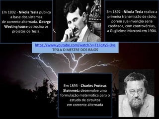 Em 1892 - Nikola Tesla publica
a base dos sistemas
de corrente alternada. George
Westinghouse patrocina os
projetos de Tesla.
Em 1893 - Charles Proteus
Steinmetz desenvolve uma
formulação matemática para o
estudo de circuitos
em corrente alternada
Em 1892 - Nikola Tesla realiza a
primeira transmissão de rádio,
porém sua invenção seria
creditada, com controvérsias,
a Guglielmo Marconi em 1904.
https://www.youtube.com/watch?v=T1FqKy5-Ovs
TESLA O MESTRE DOS RAIOS
 