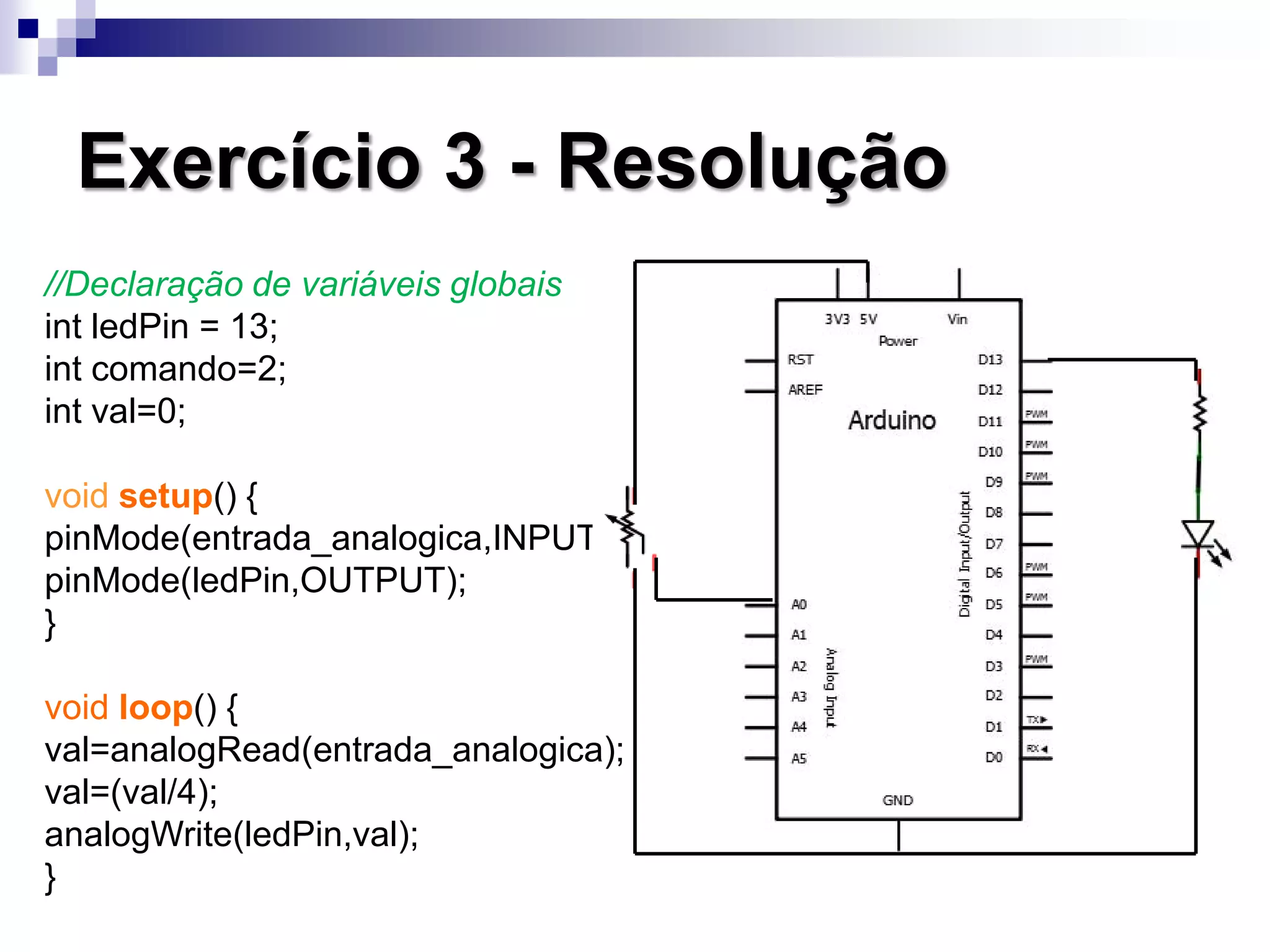 Exercício 3 - Resolução
//Declaração de variáveis globais
int ledPin = 13;
int comando=2;
int val=0;
void setup() {
pinMode(entrada_analogica,INPUT);
pinMode(ledPin,OUTPUT);
}
void loop() {
val=analogRead(entrada_analogica);
val=(val/4);
analogWrite(ledPin,val);
}
 