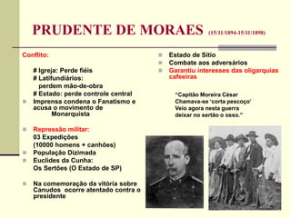 PRUDENTE DE MORAES (15/11/1894-15/11/1898)
Conflito:
# Igreja: Perde fiéis
# Latifundiários:
perdem mão-de-obra
# Estado: perde controle central
 Imprensa condena o Fanatismo e
acusa o movimento de
Monarquista
 Repressão militar:
03 Expedições
(10000 homens + canhões)
 População Dizimada
 Euclides da Cunha:
Os Sertões (O Estado de SP)
 Na comemoração da vitória sobre
Canudos ocorre atentado contra o
presidente
 Estado de Sítio
 Combate aos adversários
 Garantiu interesses das oligarquias
cafeeiras
“Capitão Moreira César
Chamava-se ‘corta pescoço’
Veio agora nesta guerra
deixar no sertão o osso.”
 