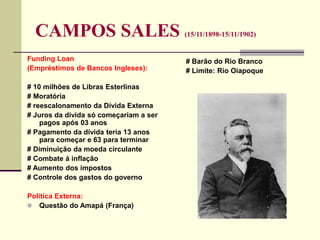 CAMPOS SALES (15/11/1898-15/11/1902)
Funding Loan
(Empréstimos de Bancos Ingleses):
# 10 milhões de Libras Esterlinas
# Moratória
# reescalonamento da Dívida Externa
# Juros da dívida só começariam a ser
pagos após 03 anos
# Pagamento da dívida teria 13 anos
para começar e 63 para terminar
# Diminuição da moeda circulante
# Combate á inflação
# Aumento dos impostos
# Controle dos gastos do governo
Política Externa:
 Questão do Amapá (França)
# Barão do Rio Branco
# Limite: Rio Oiapoque
 