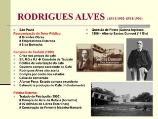 RODRIGUES ALVES (15/11/1902-15/11/1906)
 São Paulo
Reorganização do Setor Público:
# Grandes Obras
# Empréstimos Externos
# $ da Borracha
Convênio de Taubaté (1906)
 Crise nos preços do café
 SP, MG e RJ  Convênio de Taubaté
 Política de valorização do café
 Governo compra excedente do Café
 Rodrigues Alves não aceita
 Compra por conta dos estados
 Caixa de conversão
 Afonso Pena: Estado compra excedente
 Estímulo à produção do Café (indiretamente)
Política Externa:
 Tratado de Petrópolis (1903):
# Compra do Acre da Bolívia (borracha)
# 02 milhões de Libras Esterlinas)
# Construção da Ferrovia Madeira-Mamoré
 Questão de Pirara (Guiana Inglesa);
 1906 – Alberto Santos Dumont (14 Bis)
 