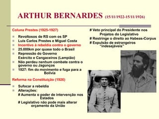 ARTHUR BERNARDES (15/11/1922-15/11/1926)
Coluna Prestes (1925-1927)
 Revoltosos de RS com os SP
 Luís Carlos Prestes e Miguel Costa
 Incentivo à rebeldia contra o governo
 25.000km por quase todo o Brasil
 Repressão do Governo
Exército e Cangaceiros (Lampião)
 Não perdeu nenhum combate contra o
governo ou Jagunços
 1927: fim do movimento e fuga para a
Bolívia
Reforma na Constituição (1926)
 Sufocar a rebeldia
 Alterações:
# Aumenta o poder de intervenção nos
Estados
# Legislativo não pode mais alterar
orçamento da União
# Veto principal do Presidente nos
Projetos do Legislativo
# Restringe o direito ao Habeas-Corpus
# Expulsão de estrangeiros
“indesejáveis”
 
