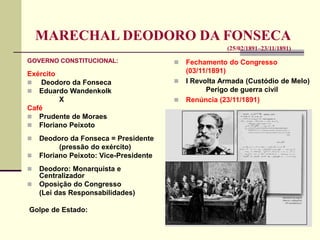MARECHAL DEODORO DA FONSECA
(25/02/1891–23/11/1891)
GOVERNO CONSTITUCIONAL:
Exército
 Deodoro da Fonseca
 Eduardo Wandenkolk
X
Café
 Prudente de Moraes
 Floriano Peixoto
 Deodoro da Fonseca = Presidente
(pressão do exército)
 Floriano Peixoto: Vice-Presidente
 Deodoro: Monarquista e
Centralizador
 Oposição do Congresso
(Lei das Responsabilidades)
Golpe de Estado:
 Fechamento do Congresso
(03/11/1891)
 I Revolta Armada (Custódio de Melo)
Perigo de guerra civil
 Renúncia (23/11/1891)
 