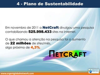 4 - Plano de Sustentabilidade
Em novembro de 2011 a NetCraft divulgou uma pesquisa
contabilizando 525.998.433 sites na internet.
O que chamou a atenção na pesquisa foi o aumento
de 22 milhões de sites/mês,
algo próximo de 4,3%.
www.argentglobalnetwork.com
 