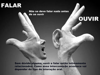FALAR
Não se deve falar nada antes
de se ouvir

OUVIR

Sem dúvida alguma, ouvir e falar estão intimamente
relacionados. Como essa interconexão acontece vai
depender do tipo de interação oral.

 