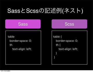 SassとScssの記述例(ネスト)

                Sass                     Scss

        table                  table {
         border-...