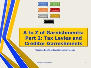 A to Z of Garnishments:
Part 2: Tax Levies and
Creditor Garnishments
©2019 The Payroll Advisor 1
Presented onTuesday, November 5, 2019
 