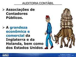 AUDITORIA CONTÁBIL
Auditoria Contábil
Silvio Aparecido Crepaldi
131
 Associações de
Contadores
Públicos.
 A grandeza
econômica e
comercial da
Inglaterra e da
Holanda, bem como
dos Estados Unidos.
 