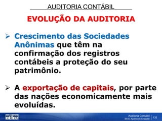 AUDITORIA CONTÁBIL
Auditoria Contábil
Silvio Aparecido Crepaldi
132
EVOLUÇÃO DA AUDITORIA
 Crescimento das Sociedades
Anônimas que têm na
confirmação dos registros
contábeis a proteção do seu
patrimônio.
 A exportação de capitais, por parte
das nações economicamente mais
evoluídas.
 