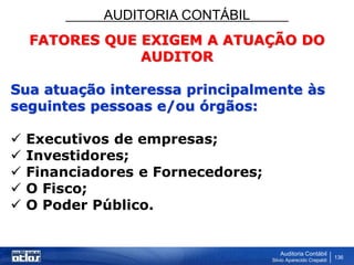 AUDITORIA CONTÁBIL
Auditoria Contábil
Silvio Aparecido Crepaldi
136
FATORES QUE EXIGEM A ATUAÇÃO DO
AUDITOR
Sua atuação interessa principalmente às
seguintes pessoas e/ou órgãos:
 Executivos de empresas;
 Investidores;
 Financiadores e Fornecedores;
 O Fisco;
 O Poder Público.
 