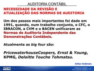 AUDITORIA CONTÁBIL
Auditoria Contábil
Silvio Aparecido Crepaldi
137
NECESSIDADE DA REVISÃO E
ATUALIZAÇÃO DAS NORMAS DE AUDITORIA
Um dos passos mais importantes foi dado em
1991, quando, num trabalho conjunto, o CFC, o
IBRACON, a CVM e o BACEN unificaram as
Normas de Auditoria Independente das
Demonstrações Contábeis.
Atualmente as big four são:
PricewaterhouseCoopers, Ernst & Young,
KPMG, Deloitte Touche Tohmatsu.
Arthur Andersen.
 