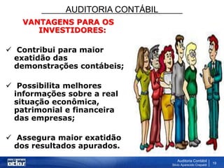 AUDITORIA CONTÁBIL
Auditoria Contábil
Silvio Aparecido Crepaldi
19
VANTAGENS PARA OS
INVESTIDORES:
 Contribui para maior
exatidão das
demonstrações contábeis;
 Possibilita melhores
informações sobre a real
situação econômica,
patrimonial e financeira
das empresas;
 Assegura maior exatidão
dos resultados apurados.
 