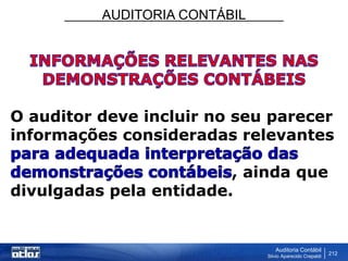 AUDITORIA CONTÁBIL
Auditoria Contábil
Silvio Aparecido Crepaldi
212
O auditor deve incluir no seu parecer
informações consideradas relevantes
, ainda que
divulgadas pela entidade.
 