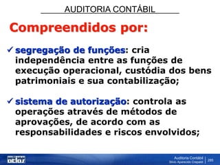 AUDITORIA CONTÁBIL
Auditoria Contábil
Silvio Aparecido Crepaldi
285
Compreendidos por:
 segregação de funções: cria
independência entre as funções de
execução operacional, custódia dos bens
patrimoniais e sua contabilização;
 sistema de autorização: controla as
operações através de métodos de
aprovações, de acordo com as
responsabilidades e riscos envolvidos;
 