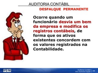 AUDITORIA CONTÁBIL
Auditoria Contábil
Silvio Aparecido Crepaldi
296
DESFALQUE PERMANENTE
Ocorre quando um
funcionário desvia um bem
da empresa e modifica os
registros contábeis, de
forma que os ativos
existentes concordem com
os valores registrados na
Contabilidade.
 
