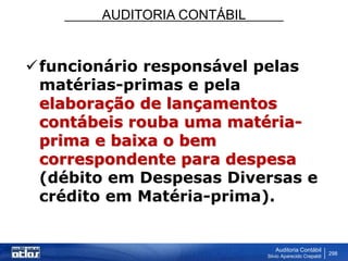 AUDITORIA CONTÁBIL
Auditoria Contábil
Silvio Aparecido Crepaldi
298
funcionário responsável pelas
matérias-primas e pela
elaboração de lançamentos
contábeis rouba uma matéria-
prima e baixa o bem
correspondente para despesa
(débito em Despesas Diversas e
crédito em Matéria-prima).
 