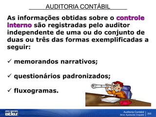 AUDITORIA CONTÁBIL
Auditoria Contábil
Silvio Aparecido Crepaldi
300
As informações obtidas sobre o
são registradas pelo auditor
independente de uma ou do conjunto de
duas ou três das formas exemplificadas a
seguir:
 memorandos narrativos;
 questionários padronizados;
 fluxogramas.
 