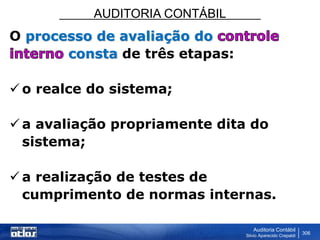 AUDITORIA CONTÁBIL
Auditoria Contábil
Silvio Aparecido Crepaldi
306
O processo de avaliação do
consta de três etapas:
 o realce do sistema;
 a avaliação propriamente dita do
sistema;
 a realização de testes de
cumprimento de normas internas.
 