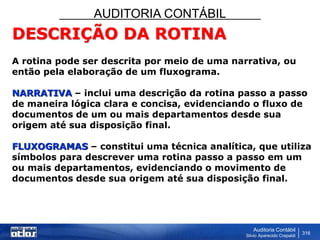 AUDITORIA CONTÁBIL
Auditoria Contábil
Silvio Aparecido Crepaldi
316
DESCRIÇÃO DA ROTINA
A rotina pode ser descrita por meio de uma narrativa, ou
então pela elaboração de um fluxograma.
NARRATIVA – inclui uma descrição da rotina passo a passo
de maneira lógica clara e concisa, evidenciando o fluxo de
documentos de um ou mais departamentos desde sua
origem até sua disposição final.
FLUXOGRAMAS – constitui uma técnica analítica, que utiliza
símbolos para descrever uma rotina passo a passo em um
ou mais departamentos, evidenciando o movimento de
documentos desde sua origem até sua disposição final.
 