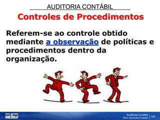 AUDITORIA CONTÁBIL
Auditoria Contábil
Silvio Aparecido Crepaldi
325
Controles de Procedimentos
Referem-se ao controle obtido
mediante a observação de políticas e
procedimentos dentro da
organização.
 