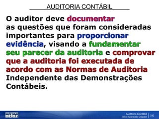 AUDITORIA CONTÁBIL
Auditoria Contábil
Silvio Aparecido Crepaldi
332
O auditor deve
as questões que foram consideradas
importantes para
, visando a
e
Independente das Demonstrações
Contábeis.
 