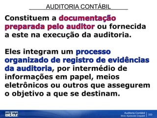 AUDITORIA CONTÁBIL
Auditoria Contábil
Silvio Aparecido Crepaldi
333
Constituem a
ou fornecida
a este na execução da auditoria.
Eles integram um
, por intermédio de
informações em papel, meios
eletrônicos ou outros que assegurem
o objetivo a que se destinam.
 