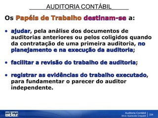 AUDITORIA CONTÁBIL
Auditoria Contábil
Silvio Aparecido Crepaldi
334
Os a:
, pela análise dos documentos de
auditorias anteriores ou pelos coligidos quando
da contratação de uma primeira auditoria,
;
;
,
para fundamentar o parecer do auditor
independente.
 