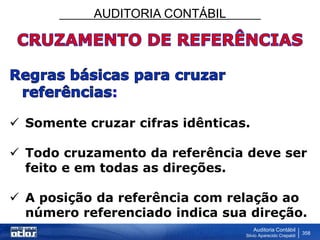 AUDITORIA CONTÁBIL
Auditoria Contábil
Silvio Aparecido Crepaldi
358
:
 Somente cruzar cifras idênticas.
 Todo cruzamento da referência deve ser
feito e em todas as direções.
 A posição da referência com relação ao
número referenciado indica sua direção.
 