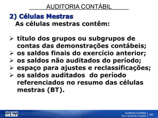 AUDITORIA CONTÁBIL
Auditoria Contábil
Silvio Aparecido Crepaldi
360
As células mestras contêm:
 título dos grupos ou subgrupos de
contas das demonstrações contábeis;
 os saldos finais do exercício anterior;
 os saldos não auditados do período;
 espaço para ajustes e reclassificações;
 os saldos auditados do período
referenciados no resumo das células
mestras (BT).
 