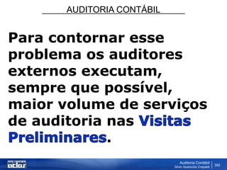AUDITORIA CONTÁBIL
Auditoria Contábil
Silvio Aparecido Crepaldi
392
Para contornar esse
problema os auditores
externos executam,
sempre que possível,
maior volume de serviços
de auditoria nas
.
 