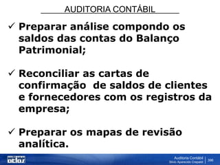 AUDITORIA CONTÁBIL
Auditoria Contábil
Silvio Aparecido Crepaldi
396
 Preparar análise compondo os
saldos das contas do Balanço
Patrimonial;
 Reconciliar as cartas de
confirmação de saldos de clientes
e fornecedores com os registros da
empresa;
 Preparar os mapas de revisão
analítica.
 