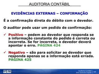 AUDITORIA CONTÁBIL
Auditoria Contábil
Silvio Aparecido Crepaldi
425
EVIDÊNCIAS EXTERNAS – CONFIRMAÇÃO
É a confirmação direta do débito com o devedor.
O auditor pode usar um pedido de confirmação:
 Positivo – pedem ao devedor que responda se
a informação constante do pedido é correta ou
incorreta. Se for incorreta, o devedor deverá
apontar o erro. PÁGINA 424
 Negativo – são para solicitar ao devedor que
responda apenas se a informação está errada.
PÁGINA 425
 