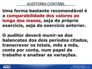 AUDITORIA CONTÁBIL
Auditoria Contábil
Silvio Aparecido Crepaldi
478
Uma forma bastante recomendável é
a comparabilidade dos valores ao
longo dos meses, seja do próprio
exercício, seja do exercício anterior.
O auditor deverá munir-se dos
balancetes dos dois períodos citados,
transcrever os totais, mês a mês,
conta por conta, num papel de
trabalho e analisar as variações.
 