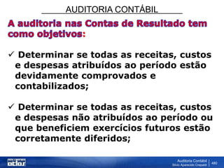 AUDITORIA CONTÁBIL
Auditoria Contábil
Silvio Aparecido Crepaldi
480
:
 Determinar se todas as receitas, custos
e despesas atribuídos ao período estão
devidamente comprovados e
contabilizados;
 Determinar se todas as receitas, custos
e despesas não atribuídos ao período ou
que beneficiem exercícios futuros estão
corretamente diferidos;
 