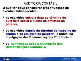 AUDITORIA CONTÁBIL
Auditoria Contábil
Silvio Aparecido Crepaldi
510
O auditor deve considerar três situações de
eventos subsequentes:
• os ocorridos entre a data do término do
exercício social e a data da emissão do
parecer;
• os ocorridos depois do término do trabalho de
campo e da emissão do parecer, e antes da
divulgação das Demonstrações Contábeis; e
• os conhecidos após a divulgação das
Demonstrações Contábeis.
 