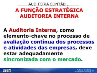 AUDITORIA CONTÁBIL
Auditoria Contábil
Silvio Aparecido Crepaldi
54
A FUNÇÃO ESTRATÉGICA
AUDITORIA INTERNA
A Auditoria Interna, como
elemento-chave no processo de
avaliação contínua dos processos
e atividades das empresas, deve
estar adequadamente
sincronizada com o mercado.
 
