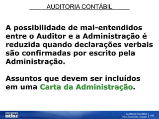 AUDITORIA CONTÁBIL
Auditoria Contábil
Silvio Aparecido Crepaldi
542
A possibilidade de mal-entendidos
entre o Auditor e a Administração é
reduzida quando declarações verbais
são confirmadas por escrito pela
Administração.
Assuntos que devem ser incluídos
em uma Carta da Administração.
 