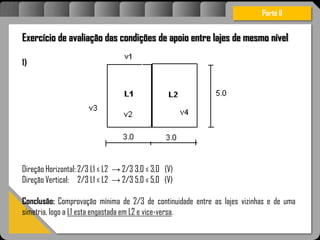 Atravésdoprojetoestruturalessasforçassãoimpedidasdeatingirumaconcentraçãodestrutivae
sãomantidasemcontrole.
Parte II
Exercício de avaliação das condições de apoio entre lajes de mesmo nível
1)
Direção Horizontal: 2/3 L1 ≤ L2 → 2/3 3,0 ≤ 3,0 (V)
Direção Vertical: 2/3 L1 ≤ L2 → 2/3 5,0 ≤ 5,0 (V)
Conclusão: Comprovação mínima de 2/3 de continuidade entre as lajes vizinhas e de uma
simetria, logo a L1 esta engastada em L2 e vice-versa.
 