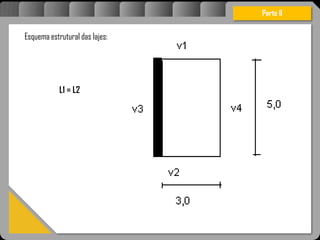 Atravésdoprojetoestruturalessasforçassãoimpedidasdeatingirumaconcentraçãodestrutivae
sãomantidasemcontrole.
Parte II
Esquema estrutural das lajes:
L1 = L2
 