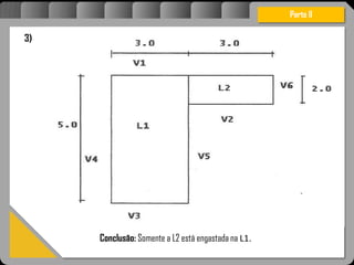 Atravésdoprojetoestruturalessasforçassãoimpedidasdeatingirumaconcentraçãodestrutivae
sãomantidasemcontrole.
Parte II
3)
Conclusão: Somente a L2 está engastada na L1.
 