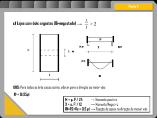 Atravésdoprojetoestruturalessasforçassãoimpedidasdeatingirumaconcentraçãodestrutivae
sãomantidasemcontrole.
c) Lajes com dois engastes (Bi-engastada)
Parte II
M = p. l2 / 24 → Momento positivo
X = p. l2 / 12 → Momento Negativo
R1=R2=Re = 0,5 p.l → Reação de apoio na direção do menor vão
→
l
L
> 2
OBS: Para todos os três casos acima, adotar para a direção do maior vão:
RL = 0,125pl
 