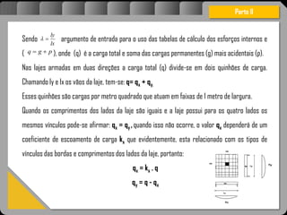 Atravésdoprojetoestruturalessasforçassãoimpedidasdeatingirumaconcentraçãodestrutivae
sãomantidasemcontrole.
Sendo argumento de entrada para o uso das tabelas de cálculo dos esforços internos e
( ), onde (q) é a carga total e soma das cargas permanentes (g) mais acidentais (p).
Nas lajes armadas em duas direções a carga total (q) divide-se em dois quinhões de carga.
Chamando ly e lx os vãos da laje, tem-se: q= qx + qy.
Esses quinhões são cargas por metro quadrado que atuam em faixas de 1 metro de largura.
Quando os comprimentos dos lados da laje são iguais e a laje possui para os quatro lados os
mesmos vínculos pode-se afirmar: qx = qy ,quando isso não ocorre, o valor qx dependerá de um
coeficiente de escoamento de carga kx que evidentemente, esta relacionado com os tipos de
vínculos das bordas e comprimentos dos lados da laje, portanto:
qx = kx . q
qy = q - qx
Parte II
lx
ly

pgq 
 