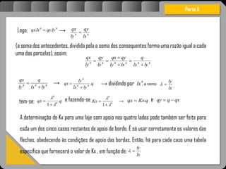 odestrutivaesãomantidasemcontrole.
Logo: →
Parte II
44
.. lyqylxqx 
44
lx
qy
ly
qx

(a soma dos antecedentes, dividida pela a soma dos consequentes forma uma razão igual a cada
uma das parcelas), assim:
444444
lylx
q
lxly
qyqx
lx
qy
ly
qx





444
lylx
q
ly
qx

 → q
lylx
ly
qx .44
4

 → dividindo por 4
lx , e como
lx
ly

qqx .
1 4
4



 4
4
1 


Kx qKxqx . qxqqy tem-se: e fazendo-se → e
A determinação de Kx para uma laje com apoio nos quatro lados pode também ser feita para
cada um dos cinco casos restantes de apoio de bordo. É só usar corretamente os valores das
flechas, obedecendo às condições de apoio das bordas. Então, há para cada caso uma tabela
específica que fornecerá o valor de Kx , em função de: lx
ly

 
